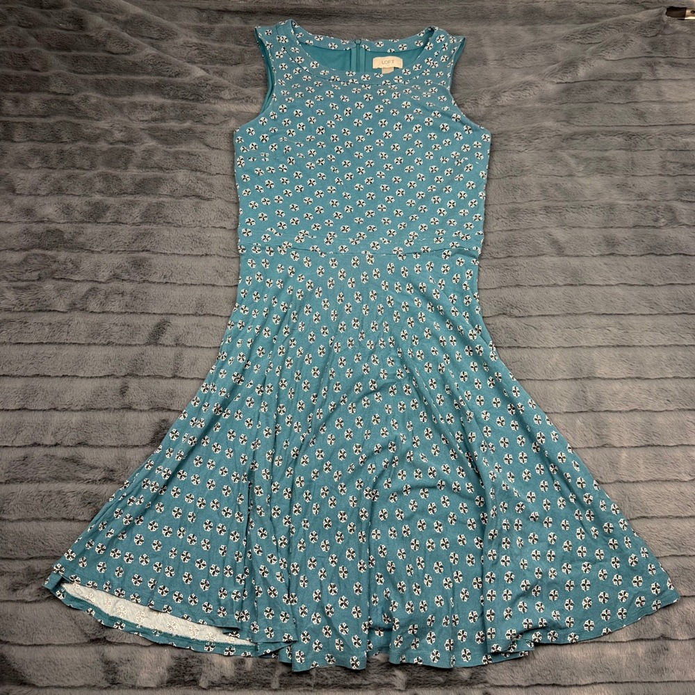 LOFT Ann Taylor Teal Blue Floral Sleeveless Fit Flare Skater Dress S 12098